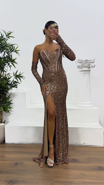 Kahve İp Askılı Pul Payet Abiye Elbise