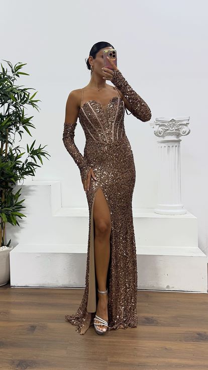 Kahve İp Askılı Pul Payet Abiye Elbise