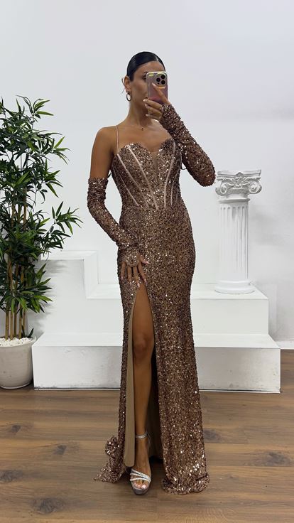 Kahve İp Askılı Pul Payet Abiye Elbise