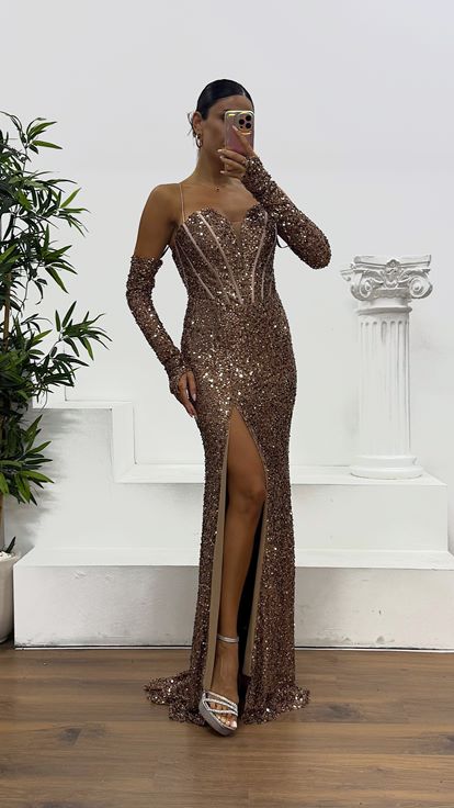 Kahve İp Askılı Pul Payet Abiye Elbise