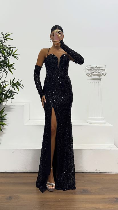 Siyah İp Askılı Pul Payet Abiye Elbise