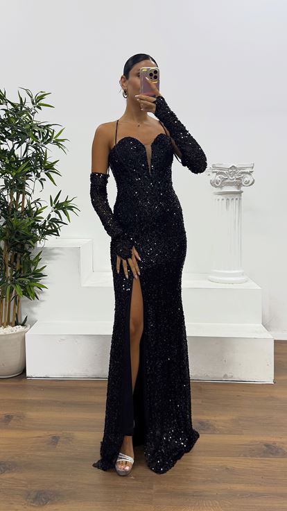 Siyah İp Askılı Pul Payet Abiye Elbise