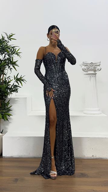 Anthracite Strappy Sequin Evening Dress