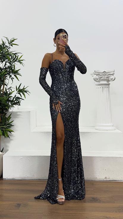 Anthracite Strappy Sequin Evening Dress