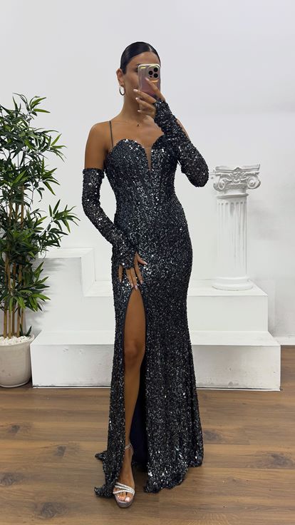 Anthracite Strappy Sequin Evening Dress
