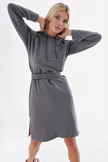 Detailed Belt Gray Hooded Sweater Dresses
