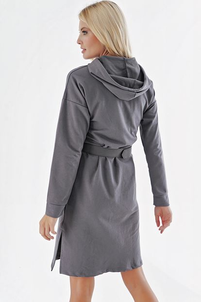 Detailed Belt Gray Hooded Sweater Dresses
