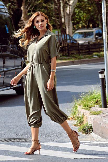 Haki Düğmeli Salvar Tulum