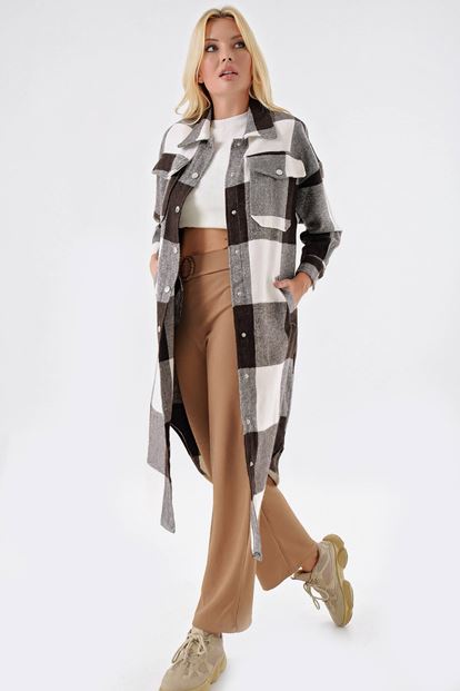 Brown Plaid Button Long Trench Coat