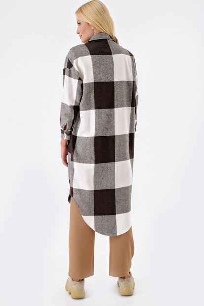Brown Plaid Button Long Trench Coat