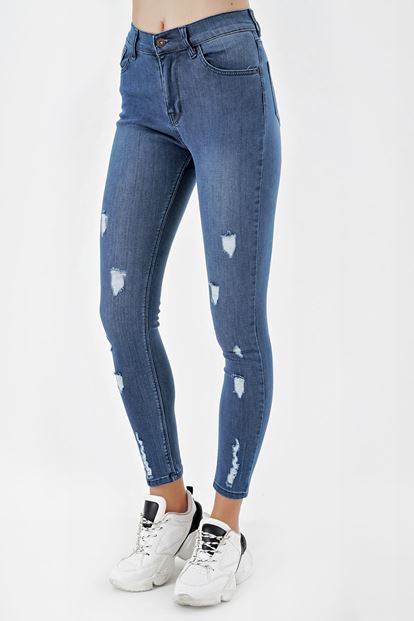 Detailed Torn Blue Skinny Jeans