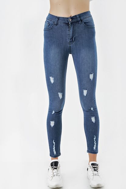 Detailed Torn Blue Skinny Jeans