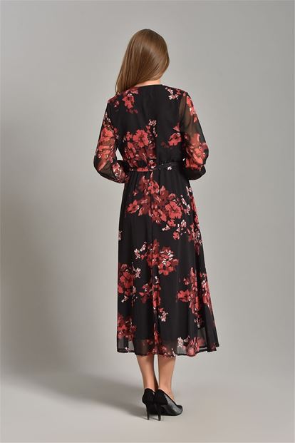 Black Floral Patterned Chiffon Dress