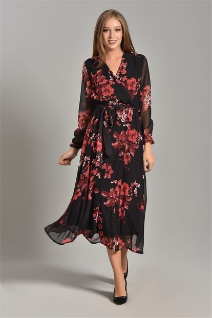 Black Floral Patterned Chiffon Dress
