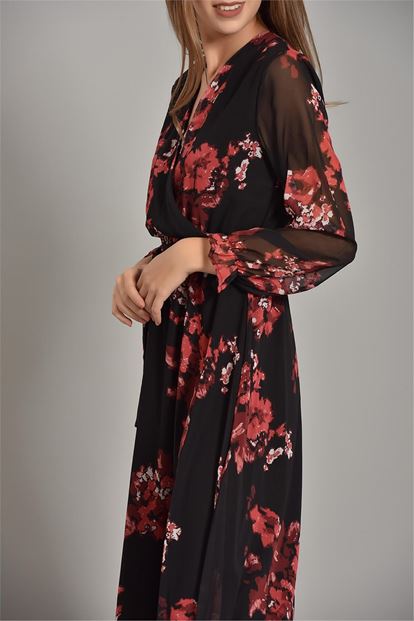Siyah Çiçek Desenli Şifon Elbise Büyük Beden